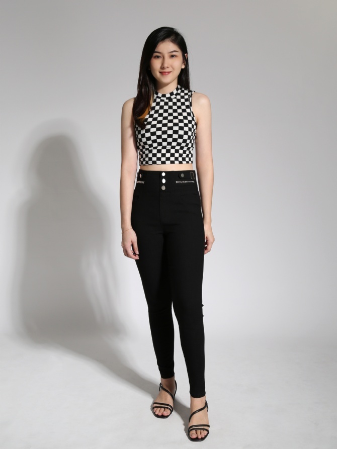 High Waist Decorative Belt Chain Long Pants 21556