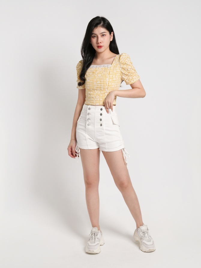 Square Neck Checker Eyelet Top 20330