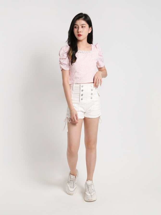 Square Neck Checker Eyelet Top 20330