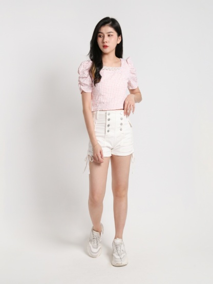 Square Neck Checker Eyelet Top 20330