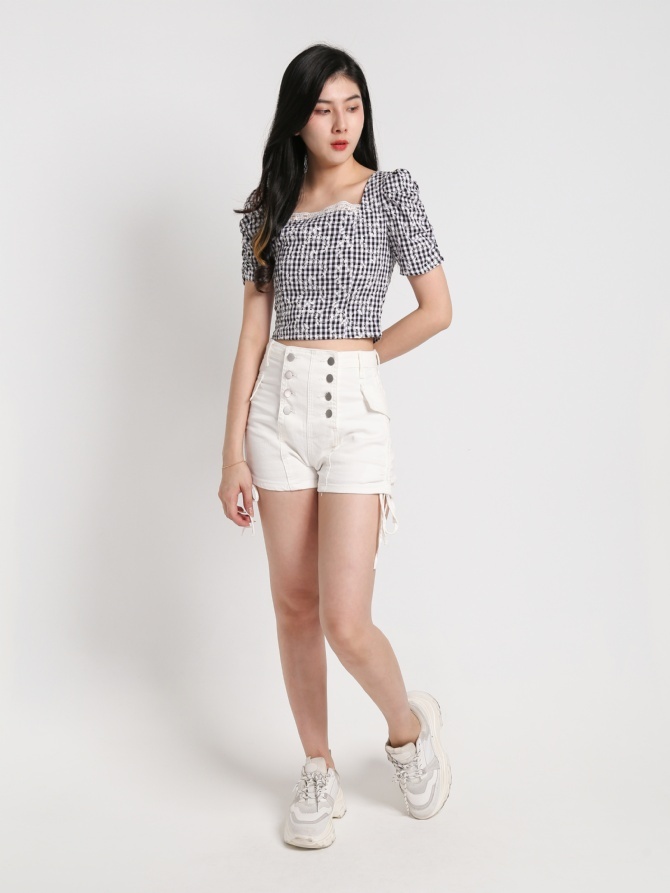 Square Neck Checker Eyelet Top 20330