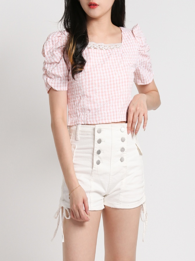 Square Neck Checker Eyelet Top 20330