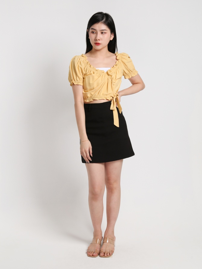 V Neck Puff Sleeve Ruffles With Side Tie Up Top 20121