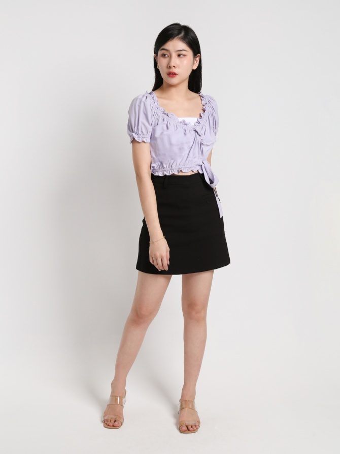 V Neck Puff Sleeve Ruffles With Side Tie Up Top 20121