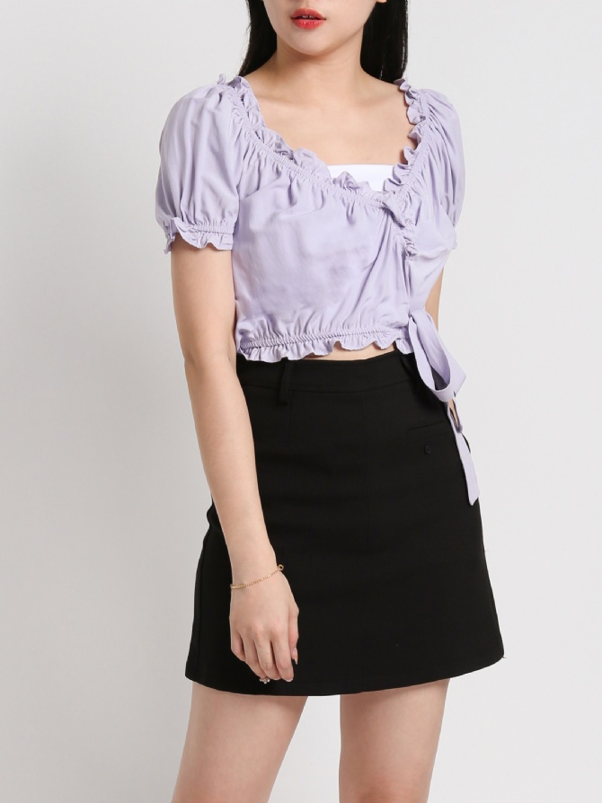 V Neck Puff Sleeve Ruffles With Side Tie Up Top 20121