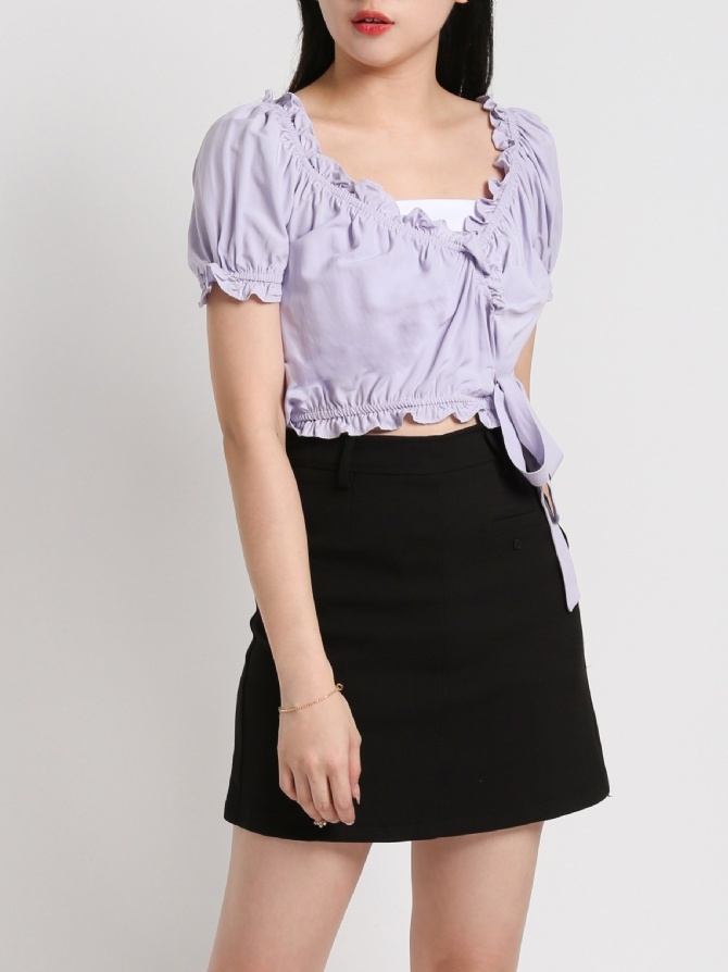 V Neck Puff Sleeve Ruffles With Side Tie Up Top 20121