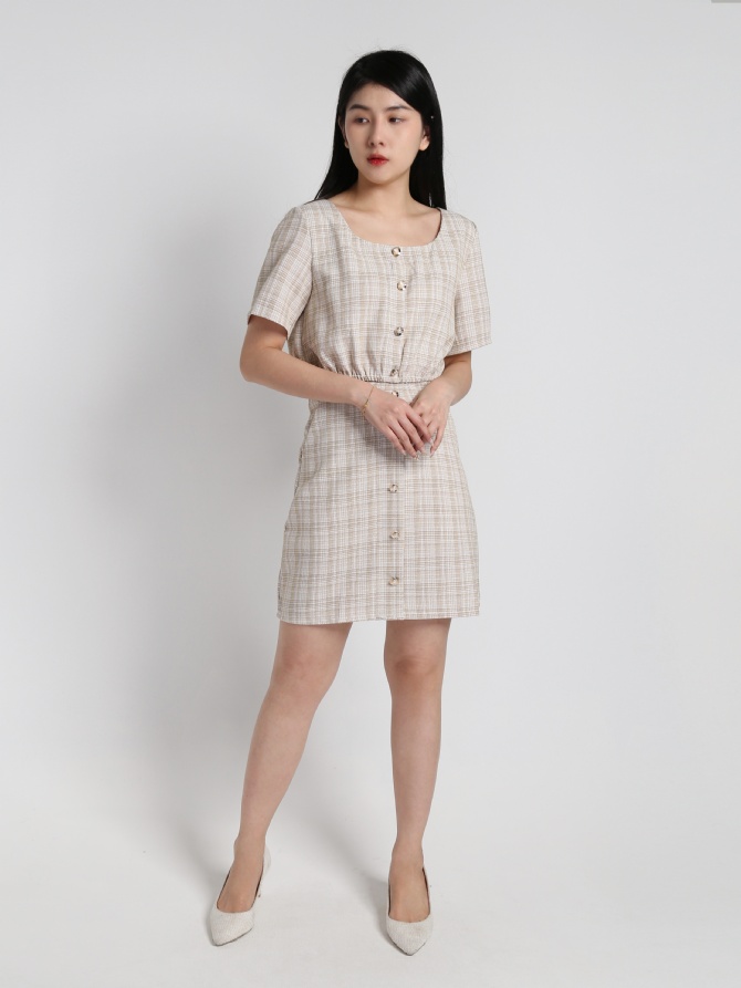 Checker Short Sleeve With Button And Skirt Set 18326