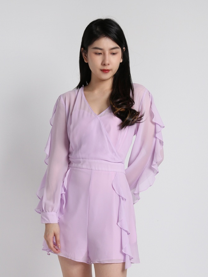 Chiffon Long Sleeve Cuff Flare Jumpsuit 18328