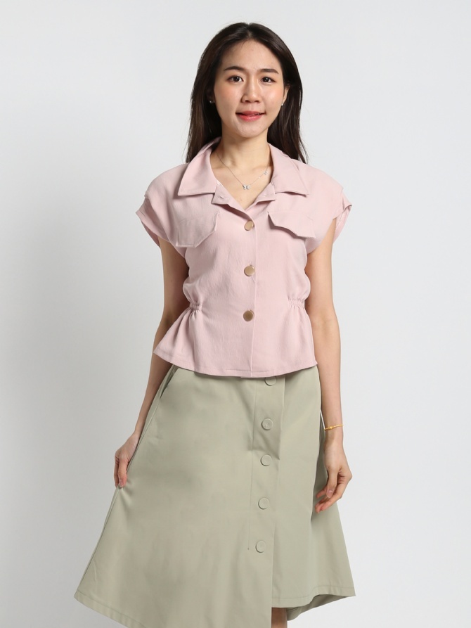 Collar Front Button With Waist Stretchable Top 18778