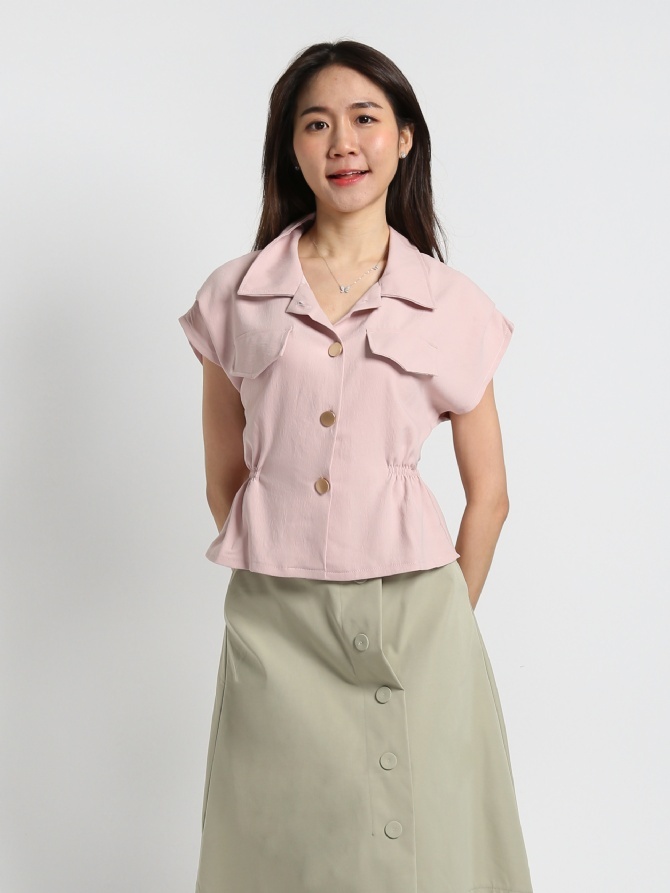 Collar Front Button With Waist Stretchable Top 18778