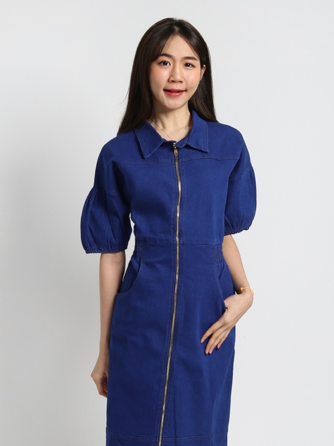 Denim Puff Sleeve Front Zip Elastic Waist Dress 18849