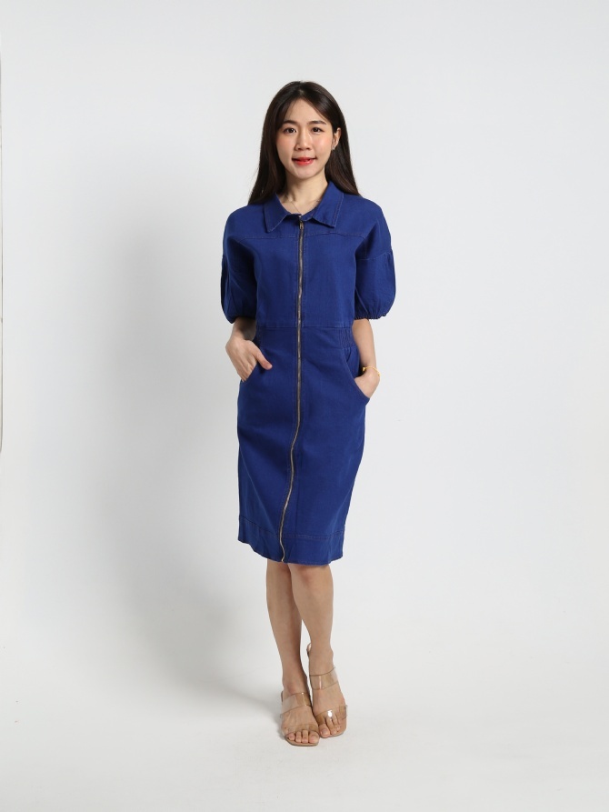 Denim Puff Sleeve Front Zip Elastic Waist Dress 18849