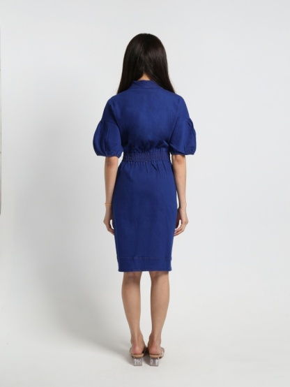 Denim Puff Sleeve Front Zip Elastic Waist Dress 18849