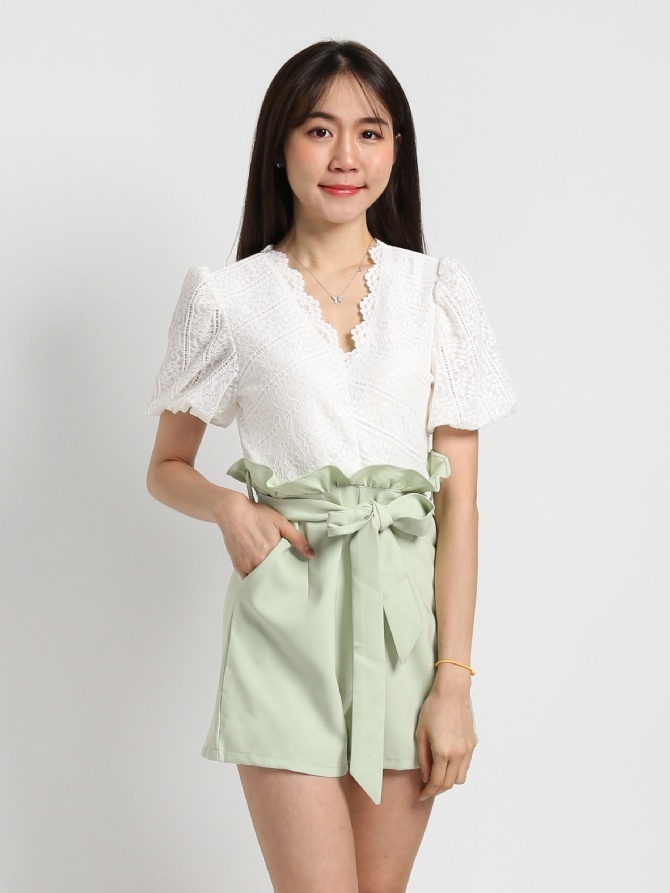 Puff Sleeve Lace V Neck Jumpsuit 19099