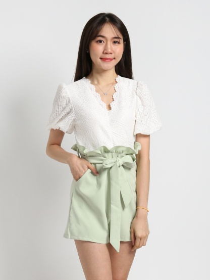 Puff Sleeve Lace V Neck Jumpsuit 19099