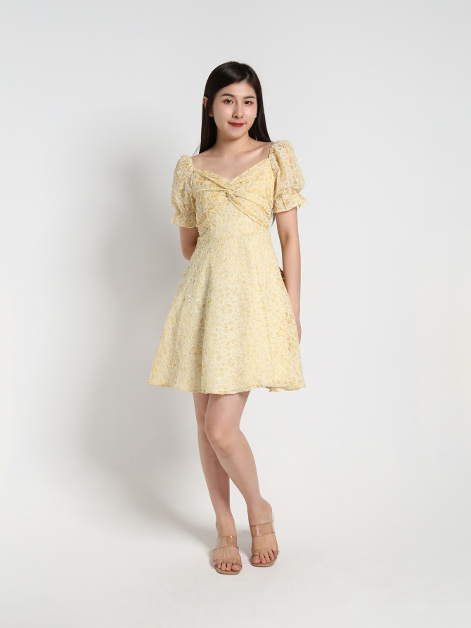 Lace Puff Sleeve Twist Dress 17053