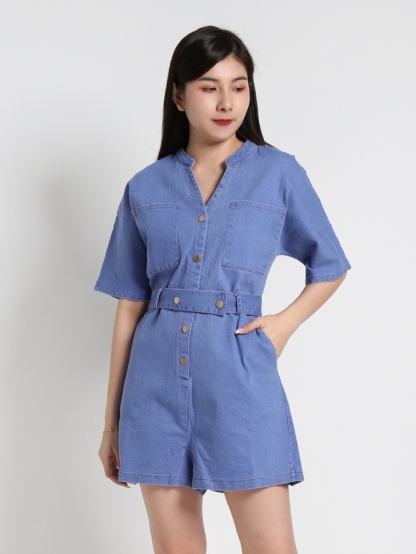 Denim V Neck Front Button Jumpsuit 16287