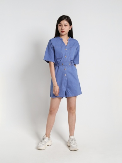 Denim V Neck Front Button Jumpsuit 16287