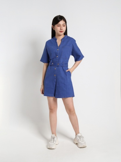 Denim V Neck Front Button Jumpsuit 16287