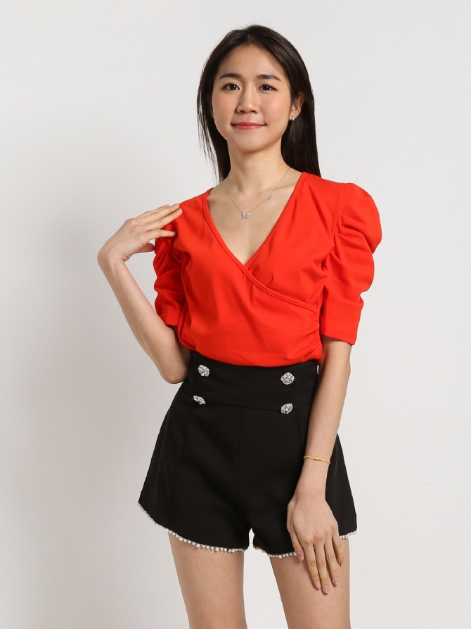 High Waist Trousers With Decorative Pearl Short Pants 16066