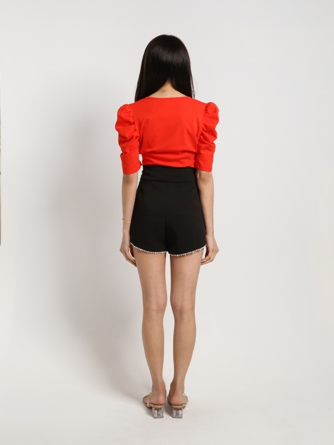 High Waist Trousers With Decorative Pearl Short Pants 16066