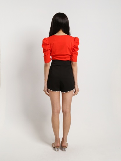 High Waist Trousers With Decorative Pearl Short Pants 16066