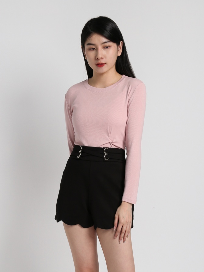Plain Long Sleeve Front Pleated Top 17873