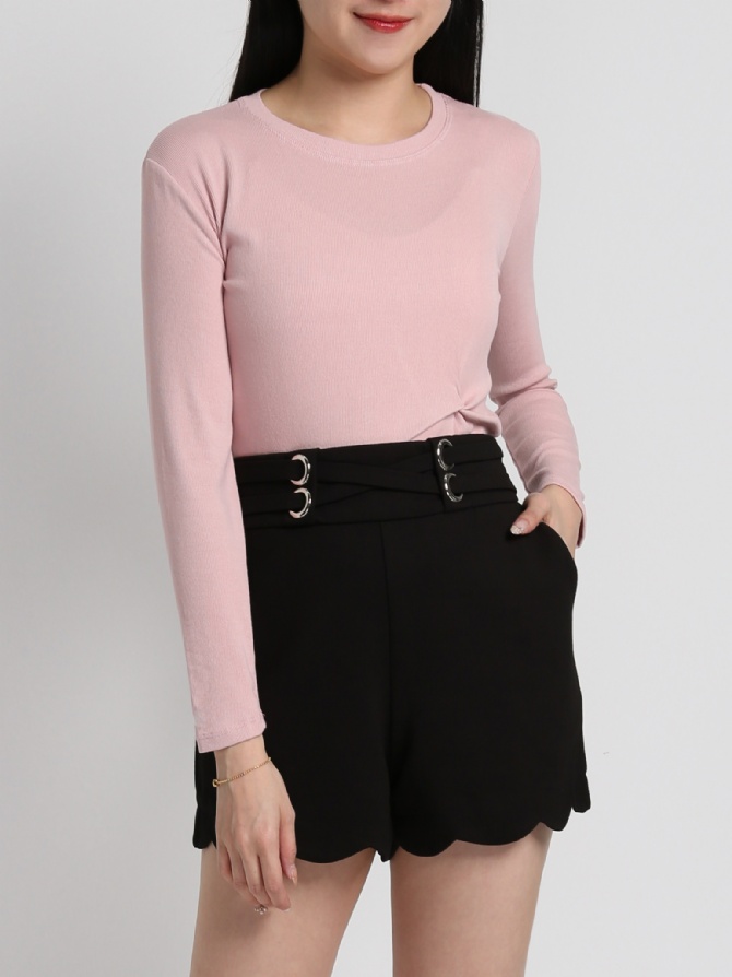 Plain Long Sleeve Front Pleated Top 17873