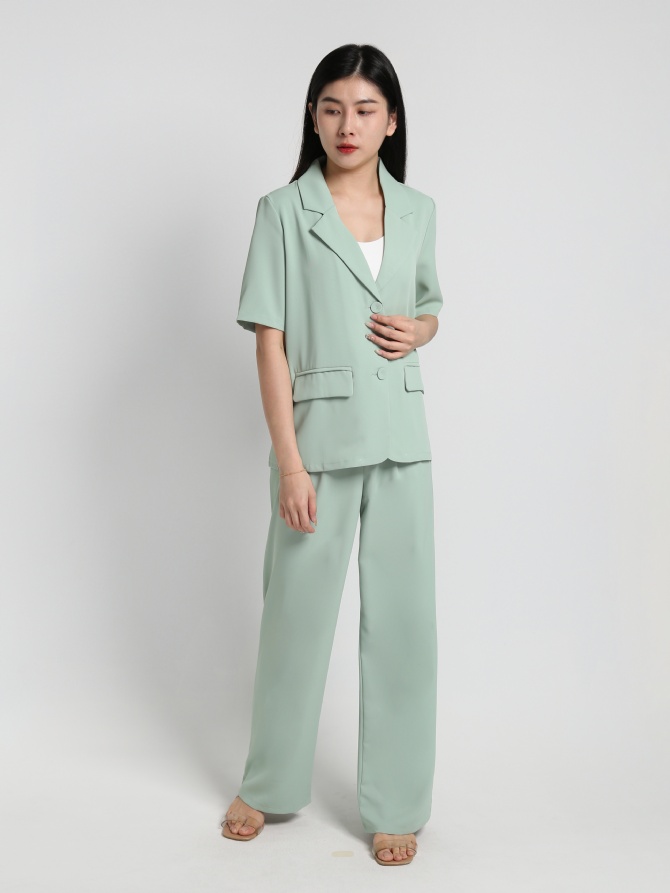 Collared Short Sleeve Front Button And Pants Set 17945