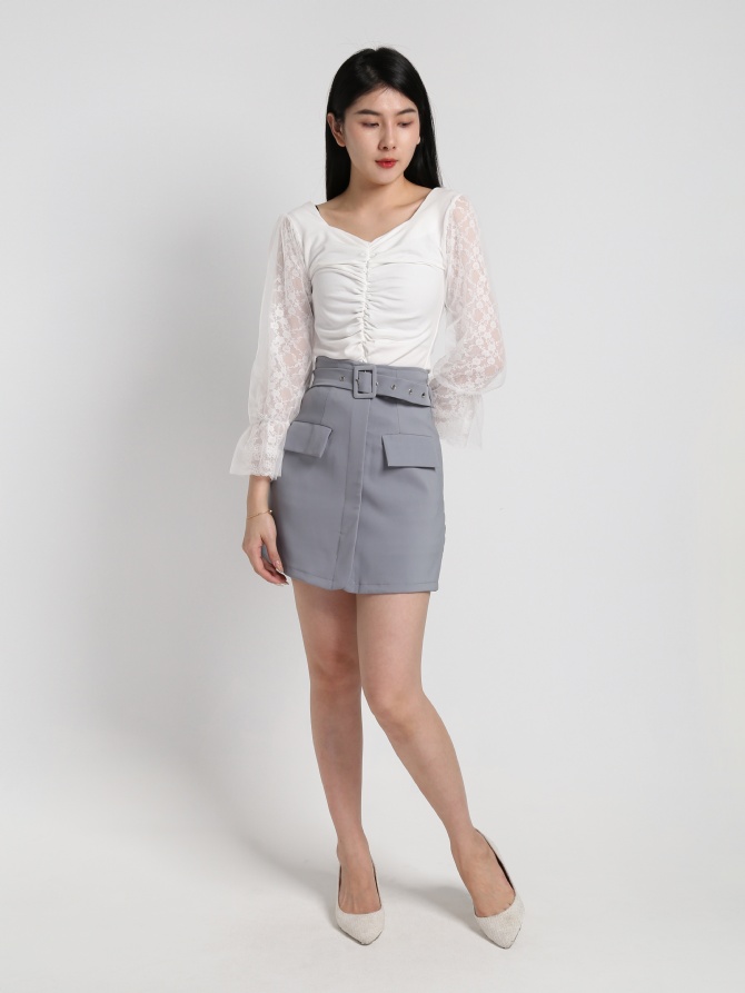 Plain Fake Pocket With Belt Skirt 18017