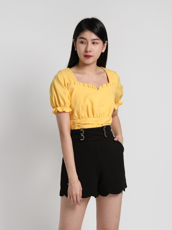 Square Neck With Pleated Short Sleeve Top 18113