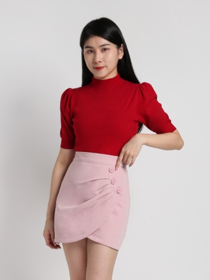 Overlap Fake Button With Pleated Skirt 18135