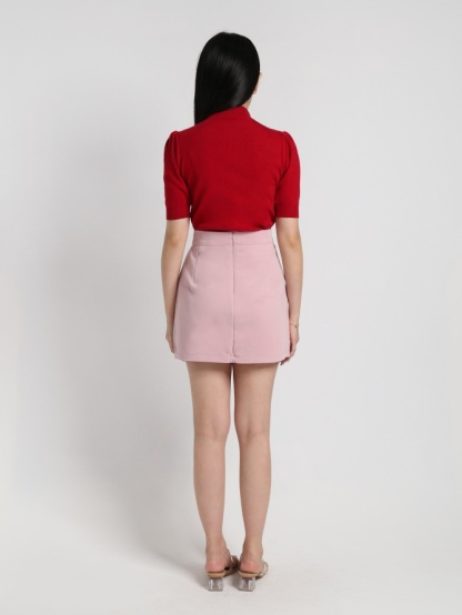 Overlap Fake Button With Pleated Skirt 18135