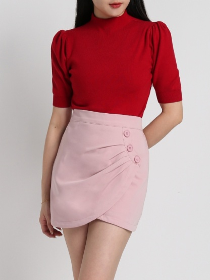 Overlap Fake Button With Pleated Skirt 18135