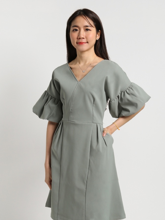 V Neck Puff Sleeve Dress 15811