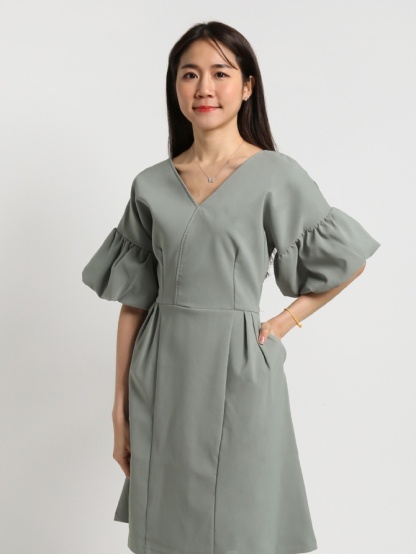 V Neck Puff Sleeve Dress 15811
