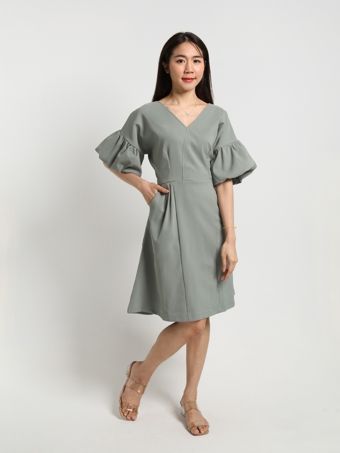 V Neck Puff Sleeve Dress 15811