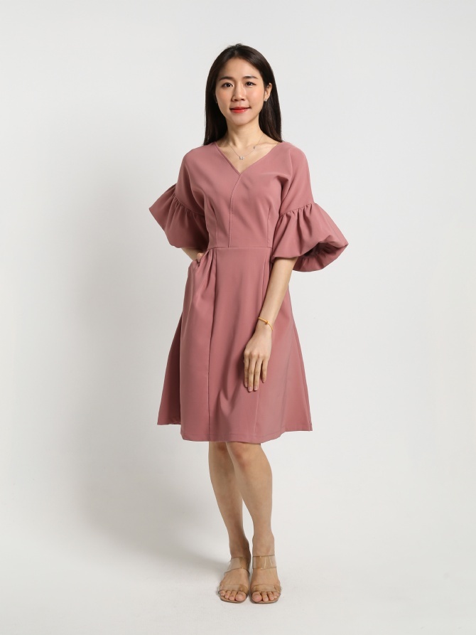 V Neck Puff Sleeve Dress 15811