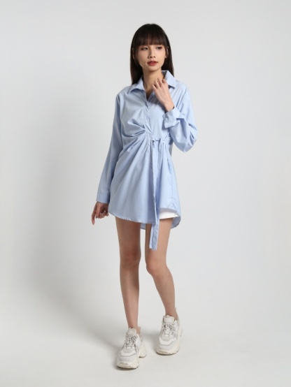 Long Sleeve Collar With Side Tie Up Dress 16492