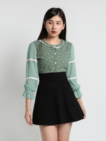 Pattern Long Sleeve Front Drapped Blouse 17986