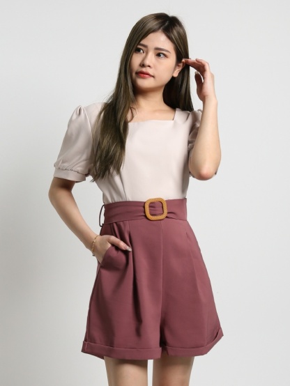 Two Tones Puff Sleeve Front Pocket With Belt Dress 17781
