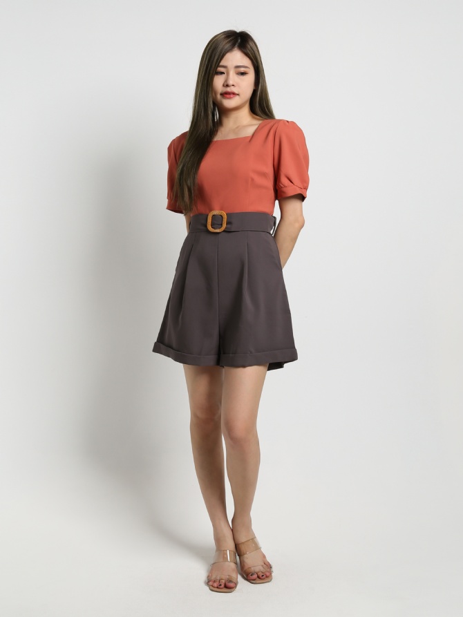Two Tones Puff Sleeve Front Pocket With Belt Dress 17781
