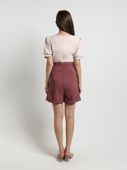 Two Tones Puff Sleeve Front Pocket With Belt Dress 17781