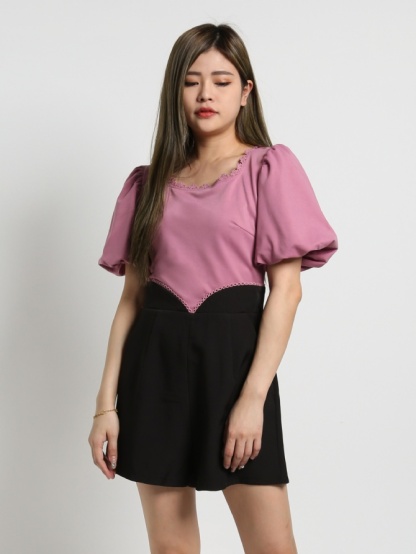Two Tones Puff Short Sleeve Front Pocket Jumpsuit 17833