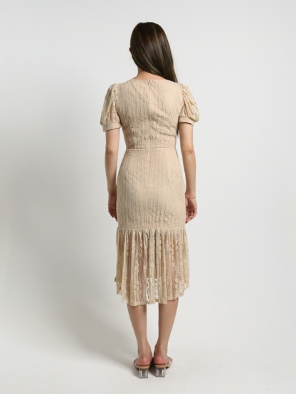 Lace Square Puff Short Sleeve Ruffle Dress 17846