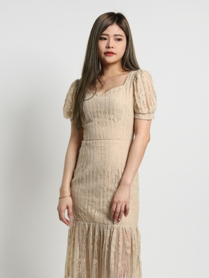 Lace Square Puff Short Sleeve Ruffle Dress 17846