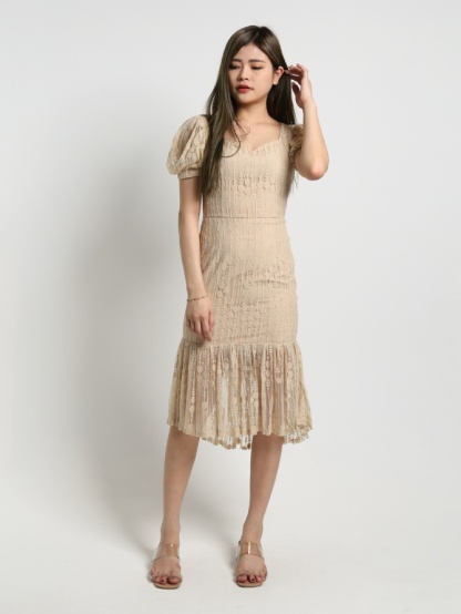 Lace Square Puff Short Sleeve Ruffle Dress 17846