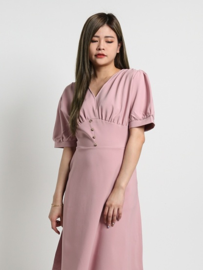 V Neck Plain Puff Short Sleeve Fake Button Front Pocket Dress 17871