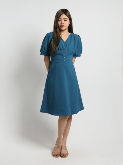 V Neck Plain Puff Short Sleeve Fake Button Front Pocket Dress 17871