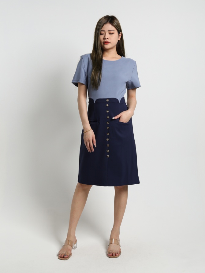 Two Tones Short Sleeve Fake Button Dress 17875